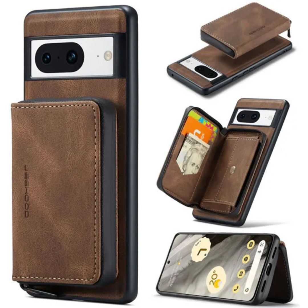 CaseMe - Telefoonhoesje geschikt voor Google Pixel 8 Met Magnetische Pasjeshouder - Back Cover - Bruin afbeelding