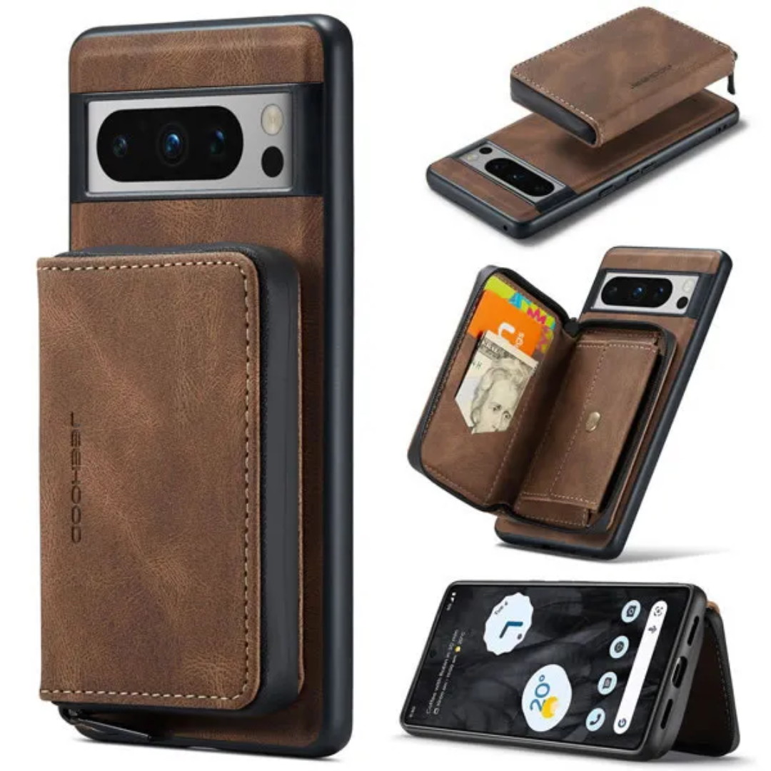 CaseMe - Telefoonhoesje geschikt voor Google Pixel 8 Pro Met Magnetische Pasjeshouder - Back Cover - Bruin afbeelding