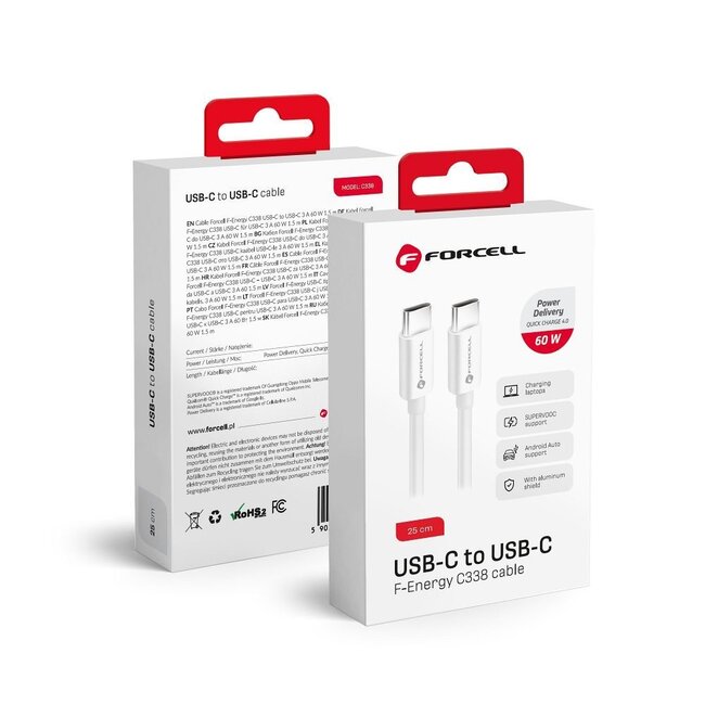 Forcell - Usb-C naar Usb-C - Universele kabel - Snellader geschikt voor Usb-C apparaten - 25 cm - 60W - Wit