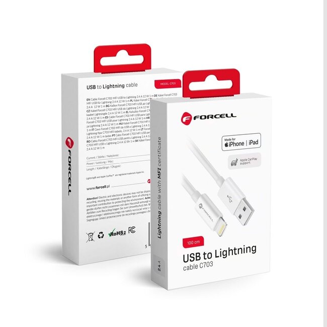 Forcell - USB naar Lightning - Universele snellader geschikt voor Lightning aansluitingen - 1 Meter - 12W - Wit