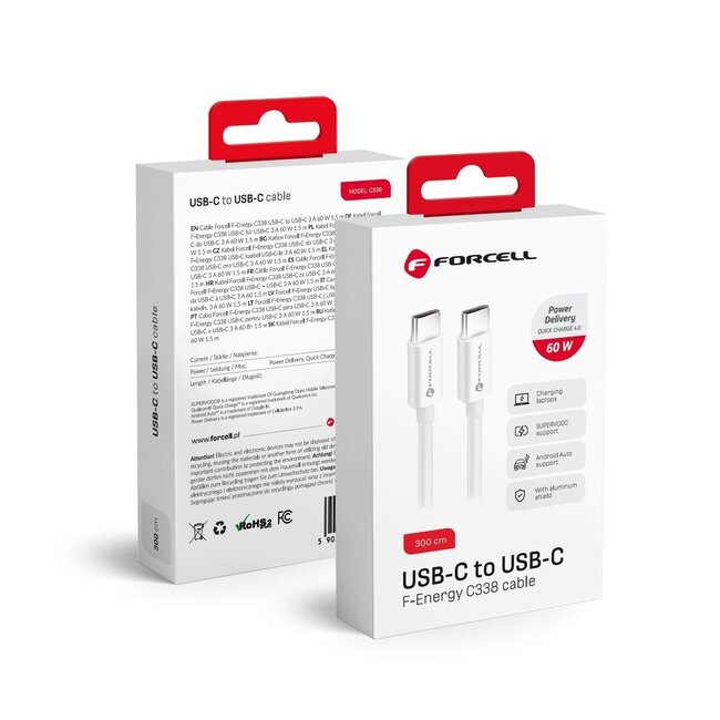 Forcell - Usb-C naar Usb-C - Universele kabel - Snellader geschikt voor Usb-C apparaten - 2 Meter - 60W - Wit