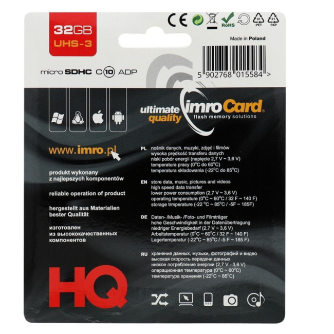 Imro - Micro SD Kaart 32GB - Geheugenkaart met Adapter - Class 10 UHS-3