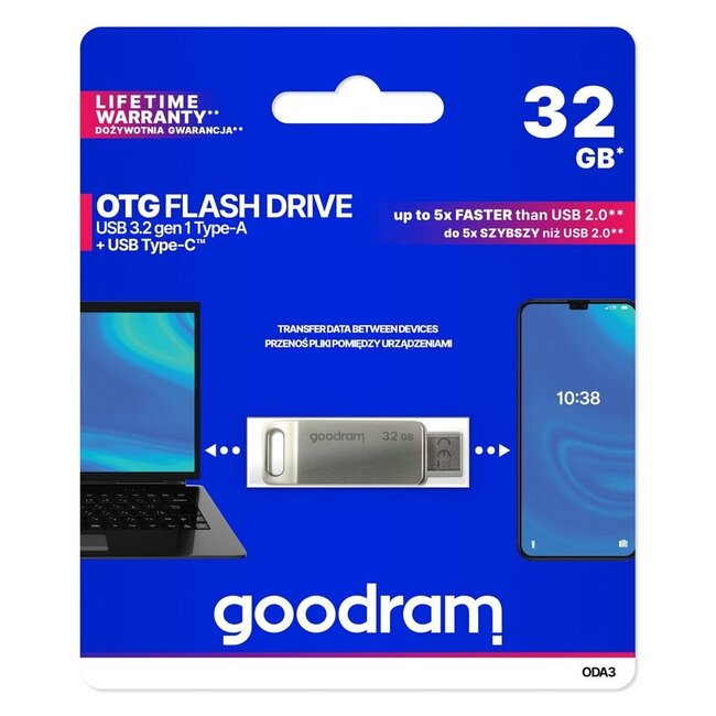 GoodRam - OTG Flash Drive - ODA3 - USB-A en USB-C - 32 GB - Zilver