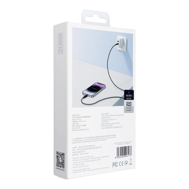 WIWU - USB-C naar Lightning kabel - Lightning oplader - Gevlochten Kabel - 1,2 meter - Zwart