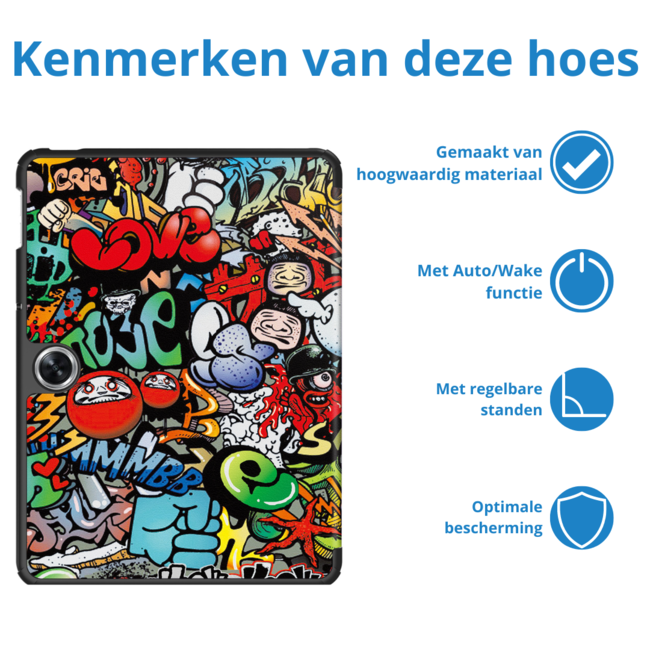 Case2go - Tablet hoes geschikt voor OnePlus Pad Go/ Oppo Pad Air2/Oppo Pad Neo - Tri-fold Case - Auto/Wake functie - Graffiti