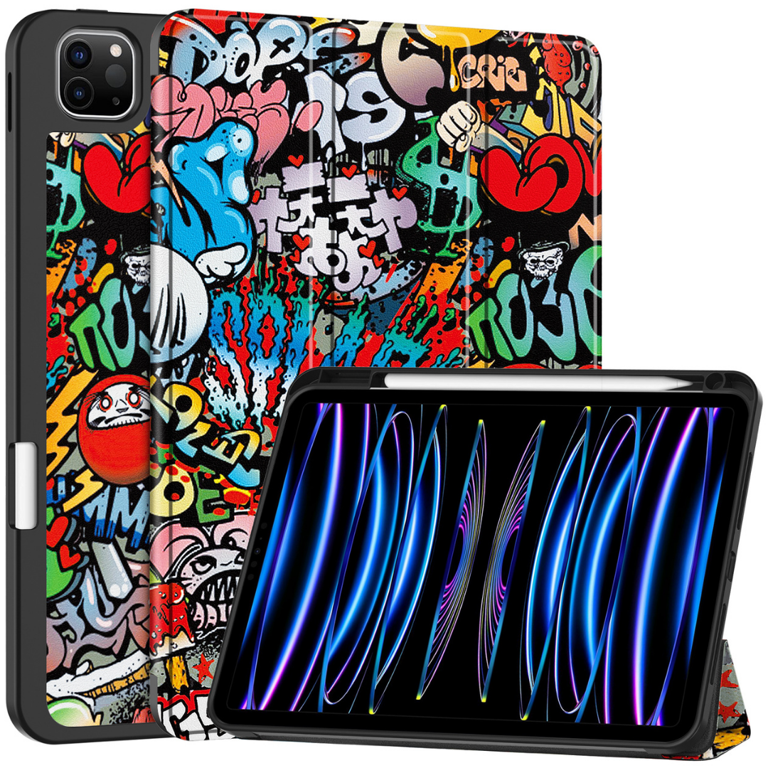 Case2go - Tablet hoes geschikt voor Apple iPad Pro 11 (2024) - Tri-fold Case - Met Pencilhouder - Graffiti afbeelding