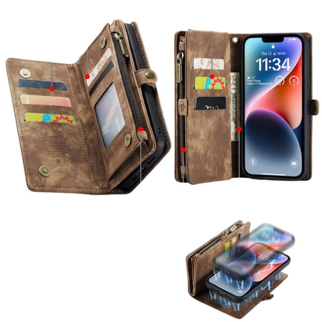 CaseMe - Telefoonhoesje geschikt voor Apple iPhone 14 - 2 in 1 Book Case en Back Cover - Bruin