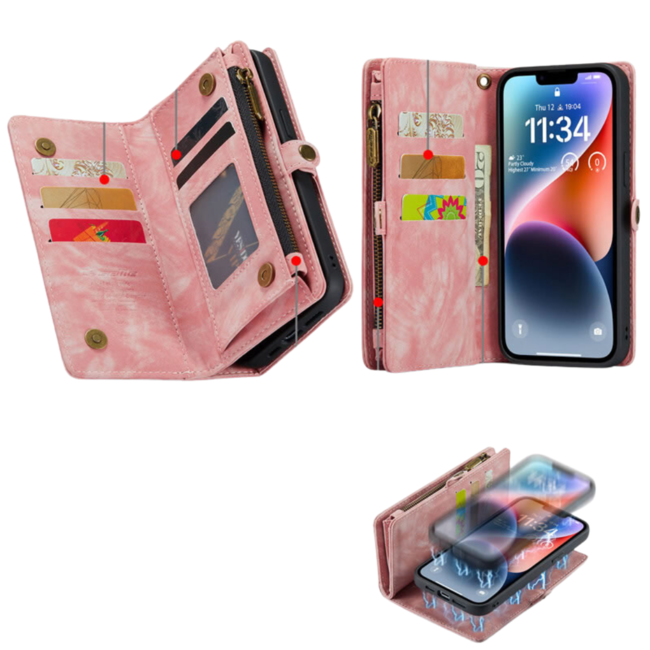 CaseMe - Telefoonhoesje geschikt voor Apple iPhone 14 Plus - 2 in 1 Book Case en Back Cover - Roze