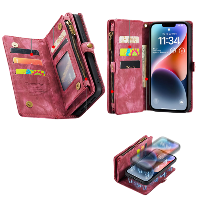 CaseMe - Telefoonhoesje geschikt voor Apple iPhone 14 - 2 in 1 Book Case en Back Cover - Rood
