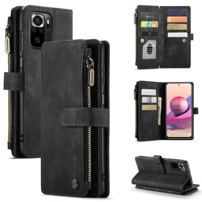 CaseMe - Telefoonhoesje geschikt voor Xiaomi Redmi Note 10 / 10s - Wallet Book Case met ritssluiting - Magneetsluiting - Zwart