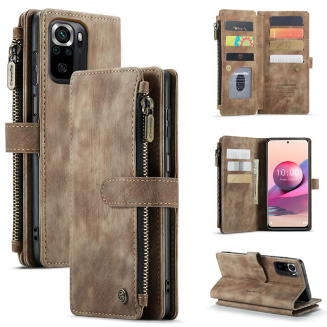 CaseMe - Telefoonhoesje geschikt voor Xiaomi Redmi Note 10 / 10s - Wallet Book Case met ritssluiting - Magneetsluiting - Bruin