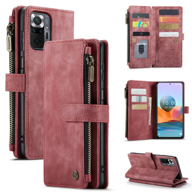 CaseMe - Telefoonhoesje geschikt voor Xiaomi Redmi Note 10 Pro / 10 Pro Max - Wallet Book Case met ritssluiting - Magneetsluiting - Rood