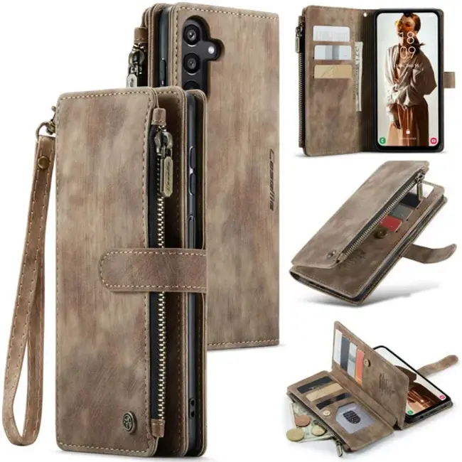 CaseMe - Hoesje geschikt voor Samsung Galaxy A15 - Vintage Wallet Book Case Ritssluiting - Met Magneetsluiting - Licht Bruin