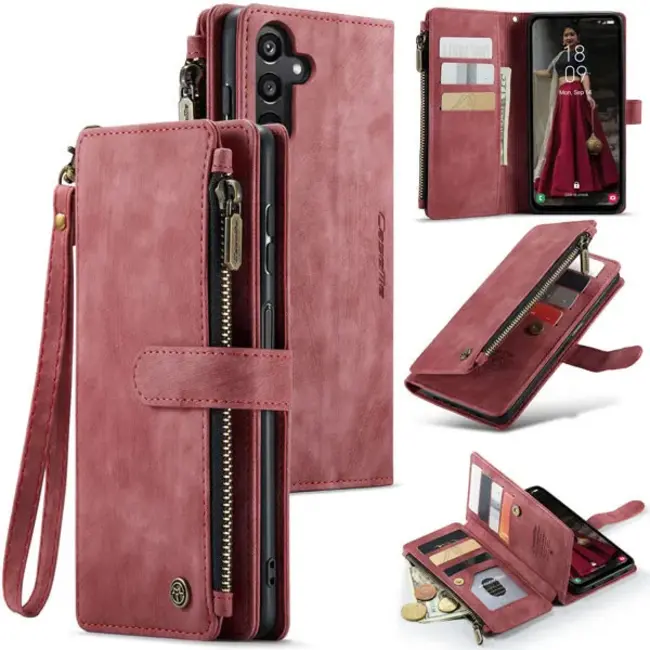 CaseMe - Hoesje geschikt voor Samsung Galaxy A55 - Vintage Wallet Book Case Ritssluiting - Met Magneetsluiting - Rood