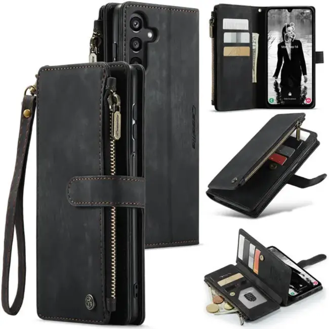 CaseMe - Hoesje geschikt voor Samsung Galaxy A35 - Vintage Wallet Book Case Ritssluiting - Met Magneetsluiting - Zwart