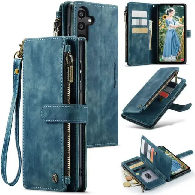 CaseMe - Hoesje geschikt voor Samsung Galaxy A35 - Vintage Wallet Book Case Ritssluiting - Met Magneetsluiting - Blauw
