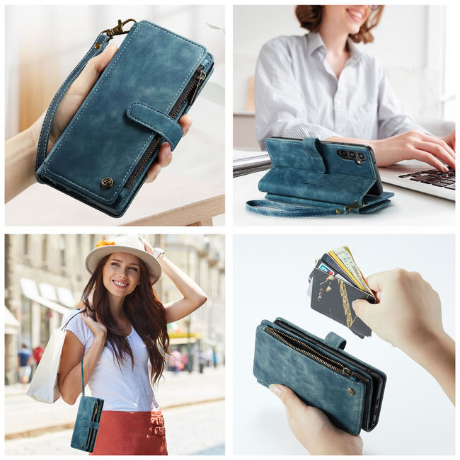 CaseMe - Hoesje geschikt voor Samsung Galaxy A25 - Vintage Wallet Book Case Ritssluiting - Met Magneetsluiting - Blauw