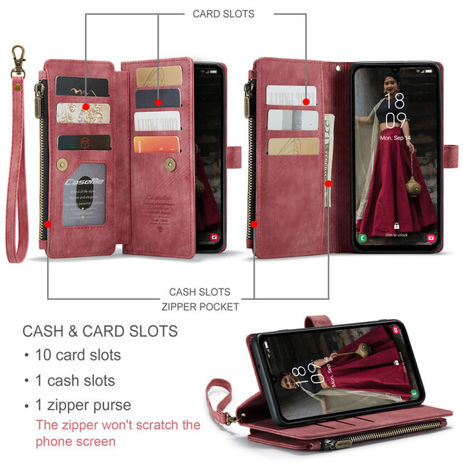 CaseMe - Hoesje geschikt voor Samsung Galaxy A25 - Vintage Wallet Book Case Ritssluiting - Met Magneetsluiting - Rood