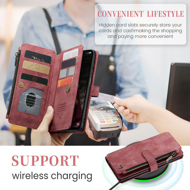 CaseMe - Hoesje geschikt voor Samsung Galaxy A25 - Vintage Wallet Book Case Ritssluiting - Met Magneetsluiting - Rood