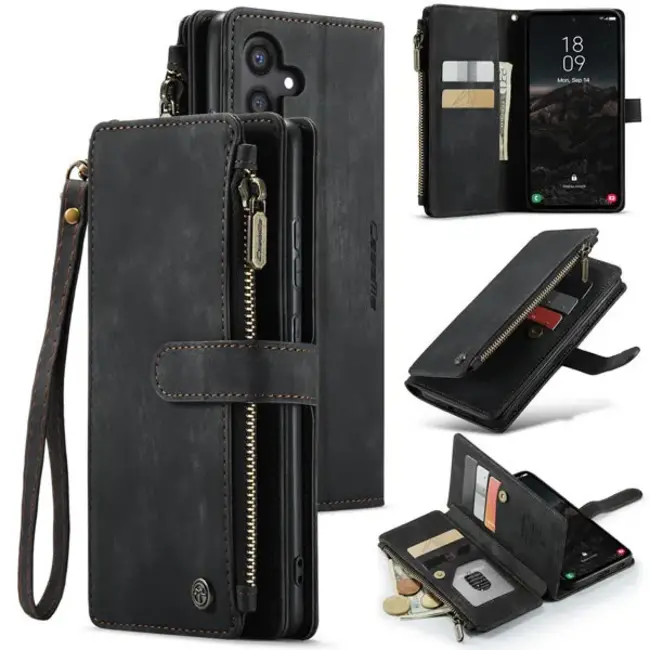 CaseMe - Hoesje geschikt voor Samsung Galaxy S24 Plus - Vintage Wallet Book Case Ritssluiting - Met Magneetsluiting - Zwart