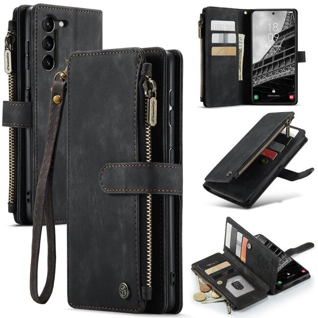 CaseMe - Hoesje geschikt voor Samsung Galaxy S24 Ultra - Vintage Wallet Book Case Ritssluiting - Met Magneetsluiting - Zwart