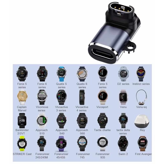 Case2go - USB-C naar adapter geschikt voor Garmin - 90 graden Oplaad Connector - Smartwatch - USB Adapter - Oplader - Zwart