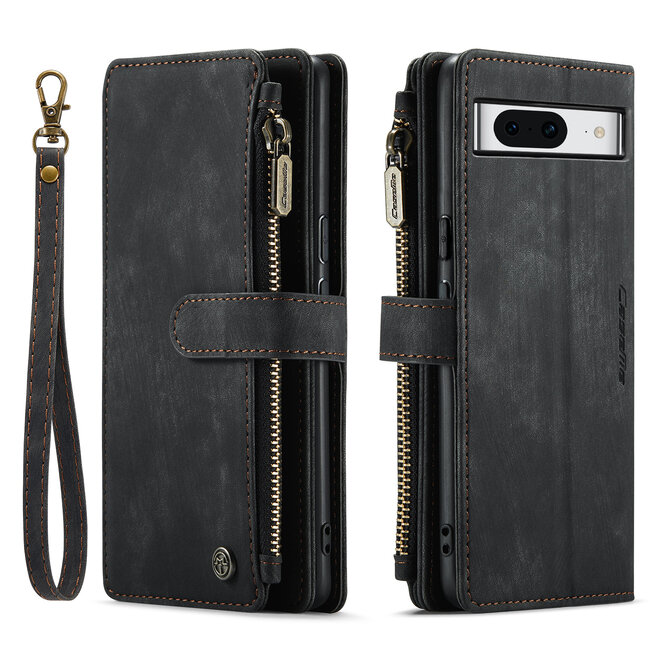 CaseMe - Hoesje geschikt voor Google Pixel 8A - Vintage Wallet Book Case Ritssluiting - Met Magneetsluiting - Zwart