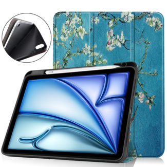 Hoozey Hoozey - Tablet hoes geschikt voor Apple iPad Air (2024) - Tri-fold Case met Auto/Wake Functie - Met Pencilhouder - 11 inch - Witte Bloesem