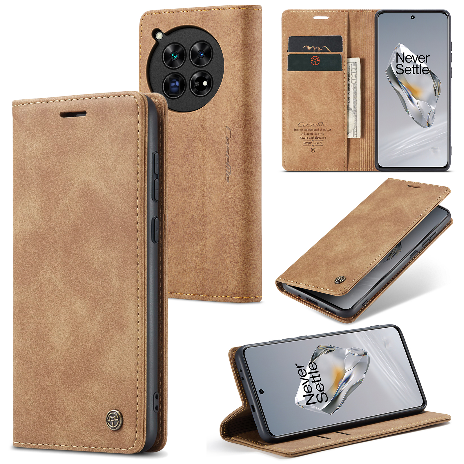 CaseMe - Telefoonhoesje geschikt voor OnePlus 12 - Wallet Book Case - Met Magnetische Sluiting - Licht Bruin afbeelding