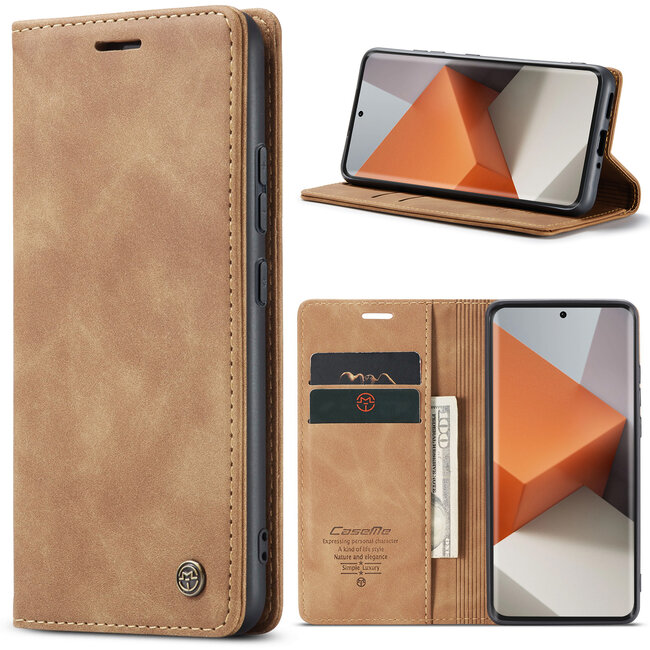 CaseMe - Telefoonhoesje geschikt voor Xiaomi Redmi Note 13 Pro Plus 5G - Wallet Book Case - Met Magnetische Sluiting - Licht Bruin