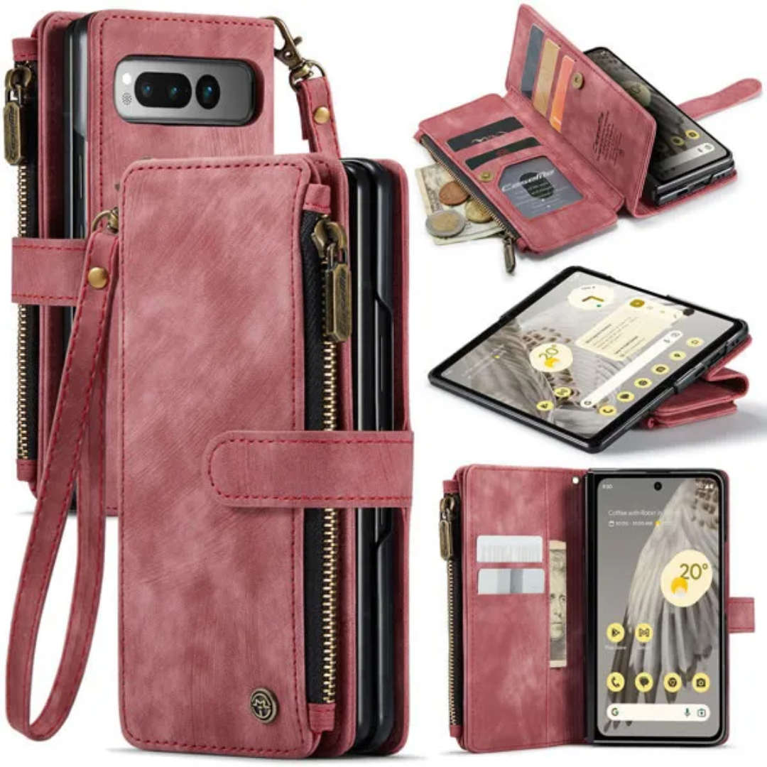 CaseMe - Hoesje geschikt voor Google Pixel Fold - Vintage Wallet Book Case Ritssluiting - Met Magneetsluiting - Rood afbeelding