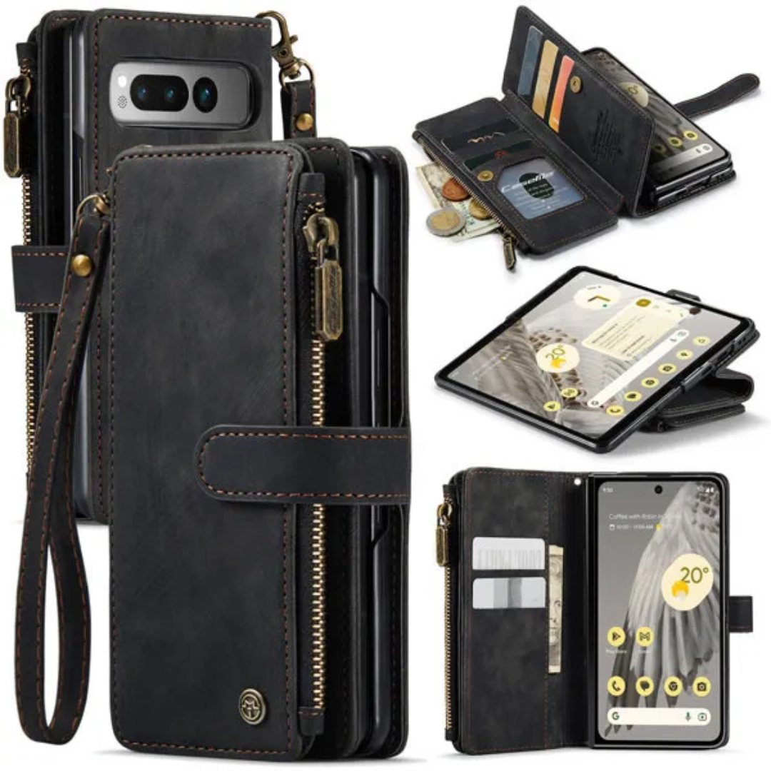 CaseMe - Hoesje geschikt voor Google Pixel Fold - Vintage Wallet Book Case Ritssluiting - Met Magneetsluiting - Zwart afbeelding