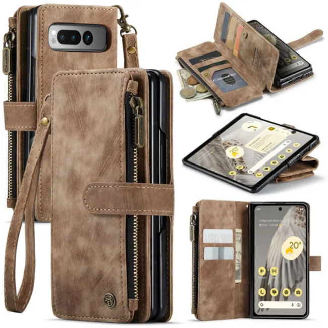 CaseMe - Hoesje geschikt voor Google Pixel Fold - Vintage Wallet Book Case Ritssluiting - Met Magneetsluiting - Bruin