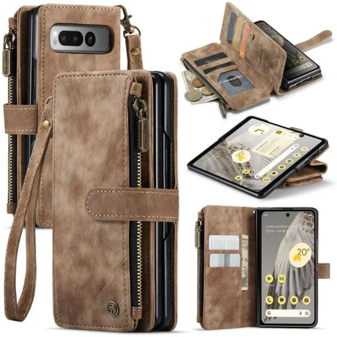 CaseMe - Hoesje geschikt voor Google Pixel Fold - Vintage Wallet Book Case Ritssluiting - Met Magneetsluiting - Bruin afbeelding