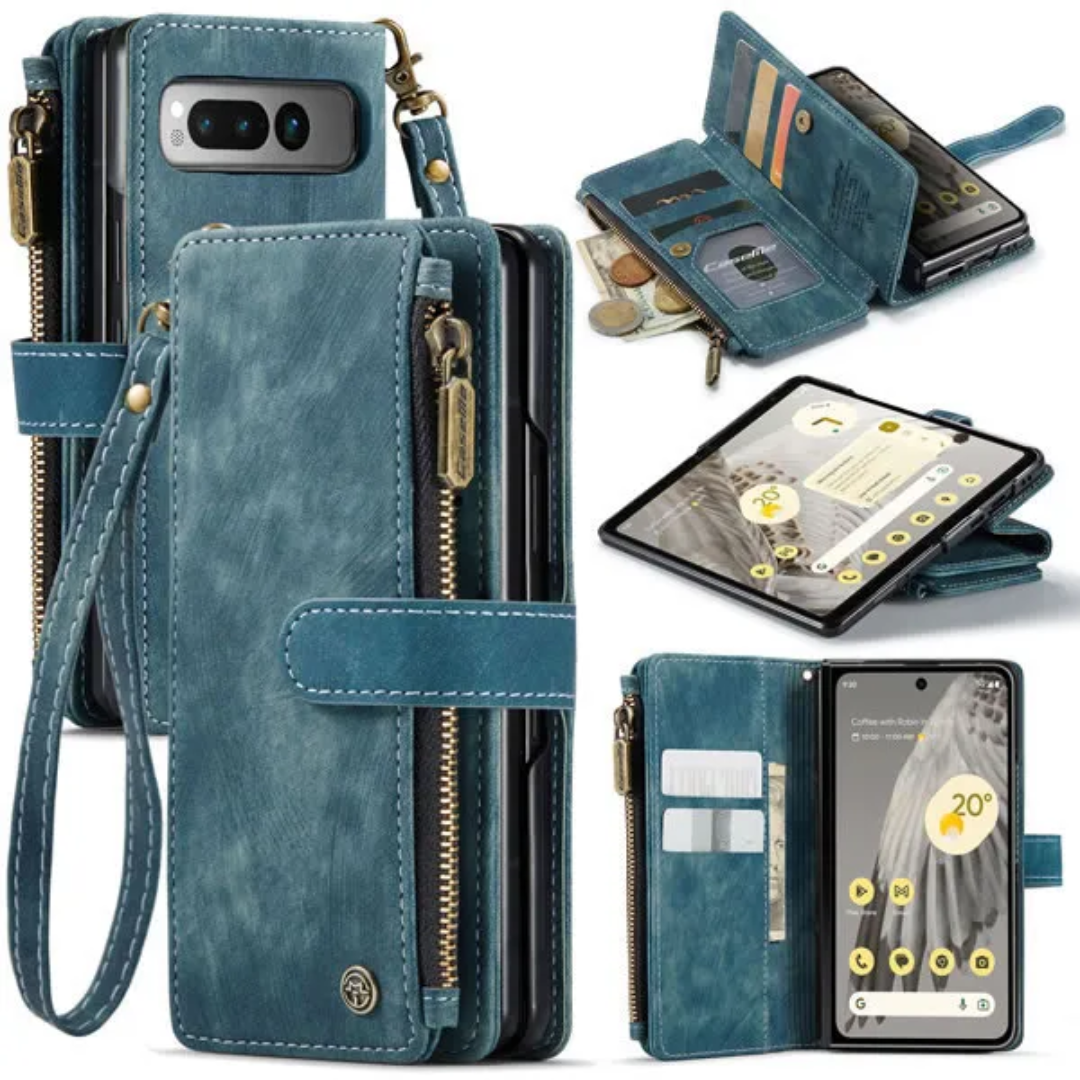 CaseMe - Hoesje geschikt voor Google Pixel Fold - Vintage Wallet Book Case Ritssluiting - Met Magneetsluiting - Blauw afbeelding