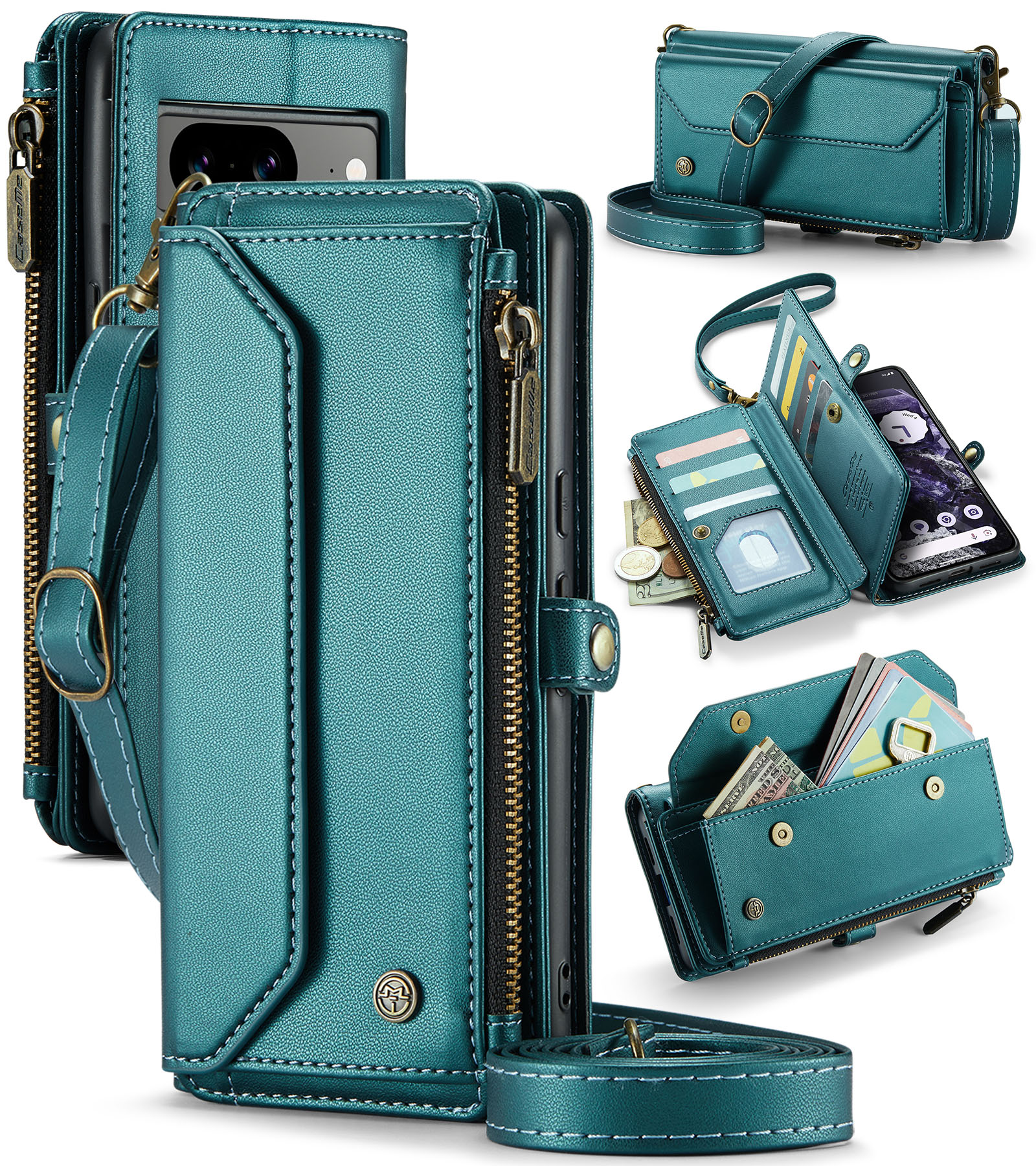 CaseMe - Telefoonhoesje geschikt voor Google Pixel 8 - Wallet Book Case met Schouder Strap - Donker Groen afbeelding