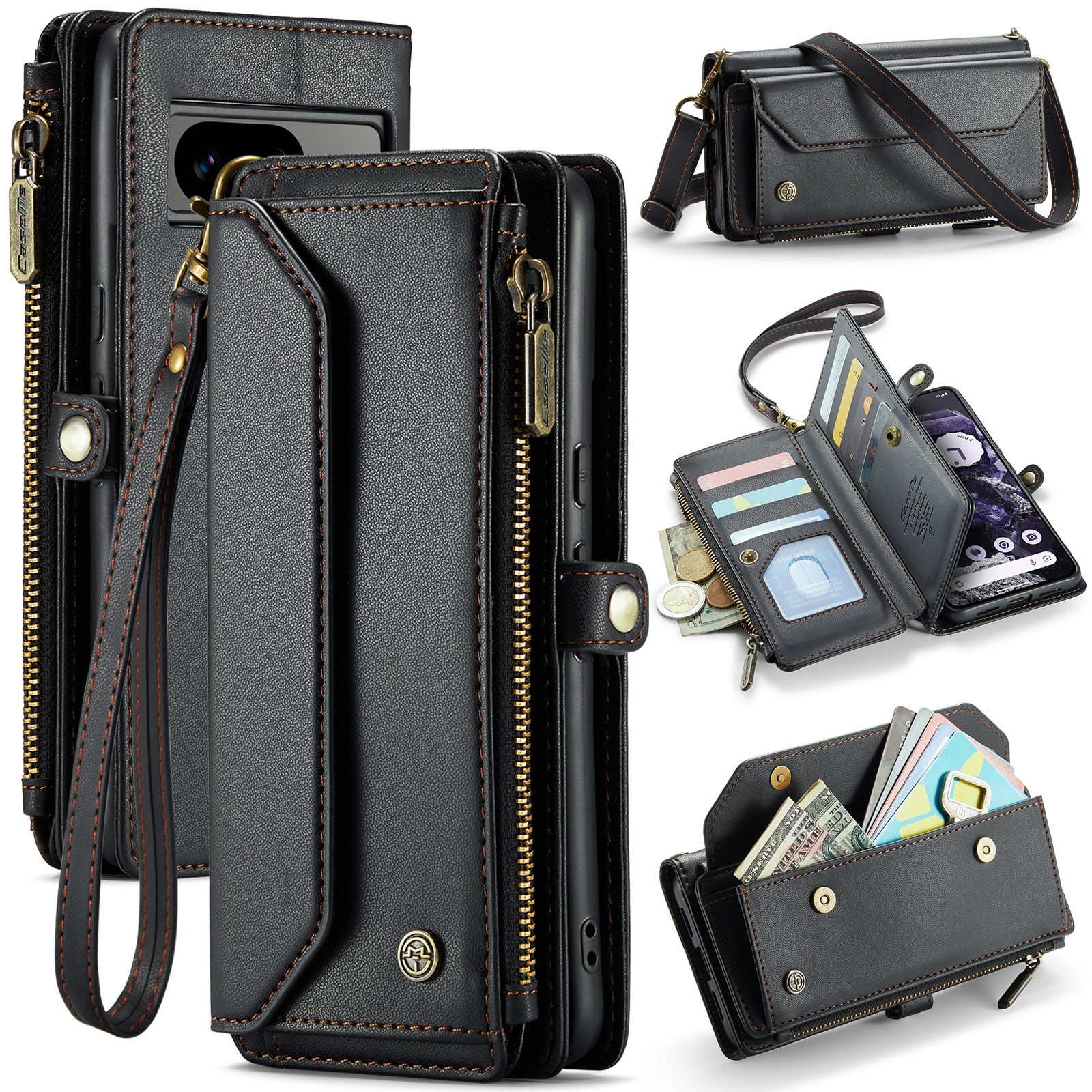 CaseMe - Telefoonhoesje geschikt voor Google Pixel 8 - Wallet Book Case met Schouder Strap - Zwart afbeelding
