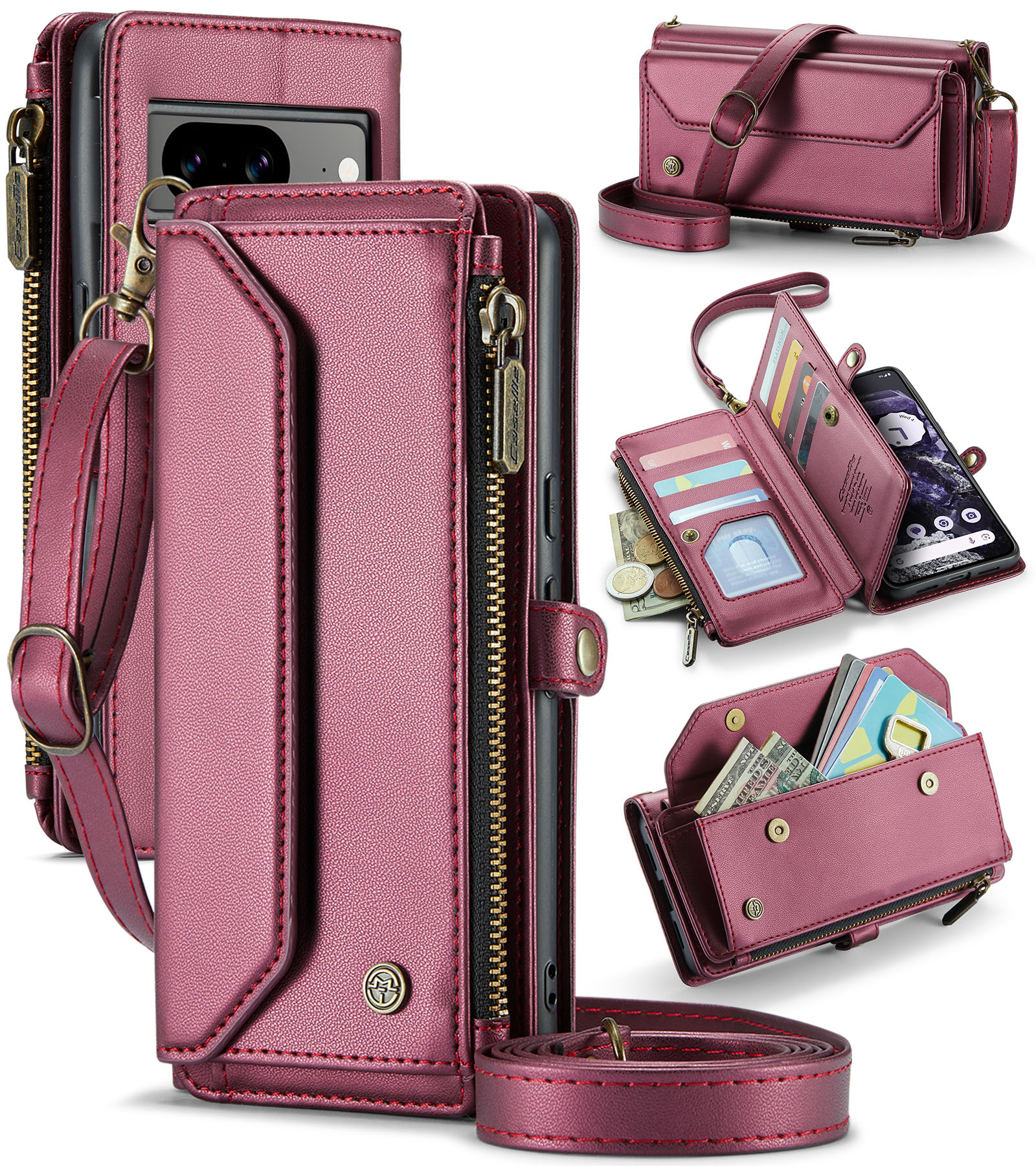 CaseMe - Telefoonhoesje geschikt voor Google Pixel 8 Pro - Wallet Book Case met Schouder Strap - Rood afbeelding