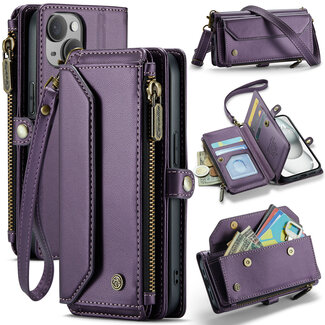 CaseMe CaseMe - Telefoonhoesje geschikt voor Apple iPhone 15 - Wallet Book Case met Schouder Strap - Paars