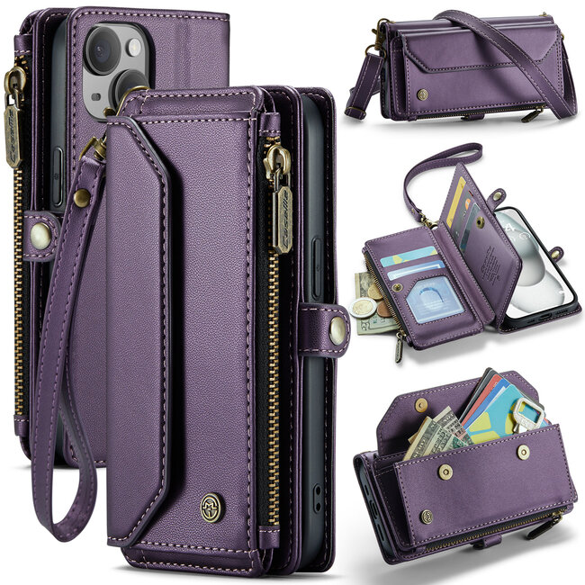 CaseMe - Telefoonhoesje geschikt voor Apple iPhone 15 - Wallet Book Case met Schouder Strap - Paars