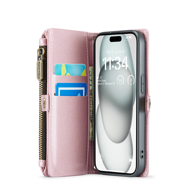 CaseMe - Telefoonhoesje geschikt voor Apple iPhone 15 Plus - Wallet Book Case met Schouder Strap - Licht Roze