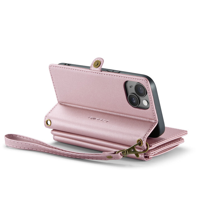CaseMe - Telefoonhoesje geschikt voor Apple iPhone 15 Plus - Wallet Book Case met Schouder Strap - Licht Roze