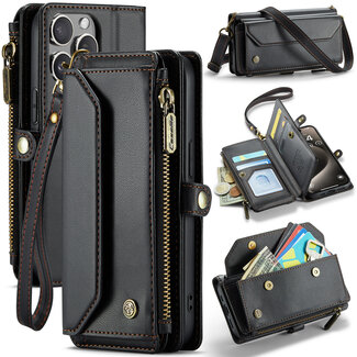 CaseMe CaseMe - Telefoonhoesje geschikt voor Apple iPhone 15 Pro Max - Wallet Book Case met Schouder Strap - Zwart