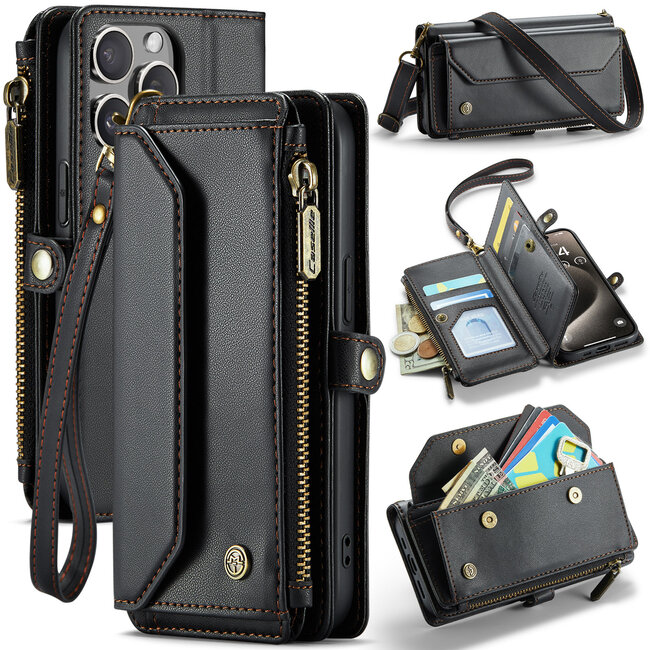 CaseMe - Telefoonhoesje geschikt voor Apple iPhone 15 Pro Max - Wallet Book Case met Schouder Strap - Zwart