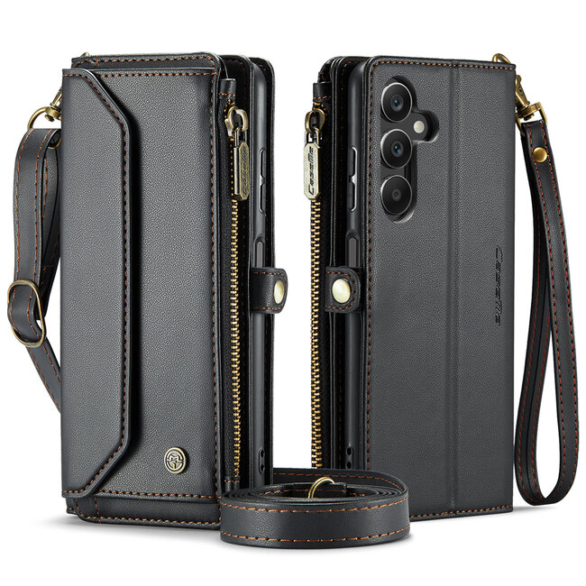 CaseMe - Telefoonhoesje geschikt voor Samsung Galaxy  A15 - Wallet Book Case met Schouder Strap - Zwart