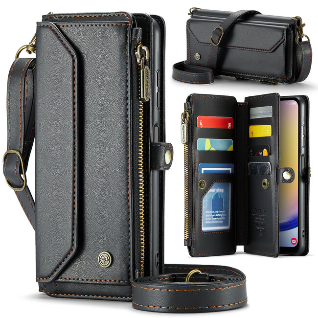 CaseMe - Telefoonhoesje geschikt voor Samsung Galaxy A25 - Wallet Book Case met Schouder Strap - Zwart