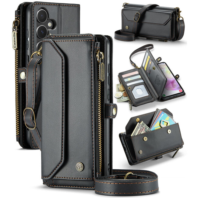 CaseMe - Telefoonhoesje geschikt voor Samsung Galaxy A35 - Wallet Book Case met Schouder Strap - Zwart