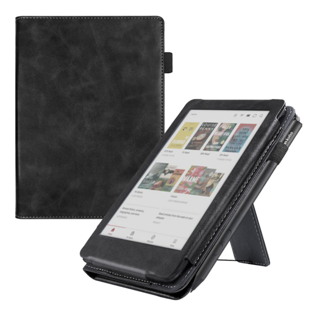 Case2go - E-reader hoes geschikt voor Kobo Clara Colour/ BW - Sleepcover - Auto/Wake functie - Met handstrap - Zwart