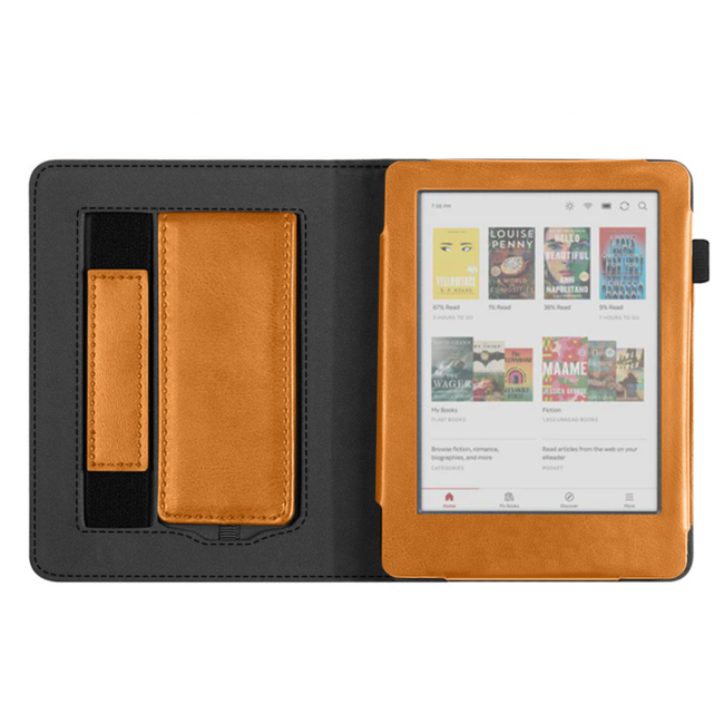 Case2go - E-reader hoes geschikt voor Kobo Clara Colour/ BW - Sleepcover - Auto/Wake functie - Met handstrap - Bruin