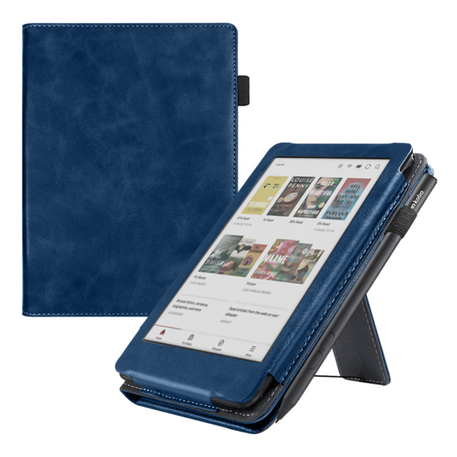 Case2go - E-reader hoes geschikt voor Kobo Clara Colour/ BW - Sleepcover - Auto/Wake functie - Met handstrap - Donker Blauw